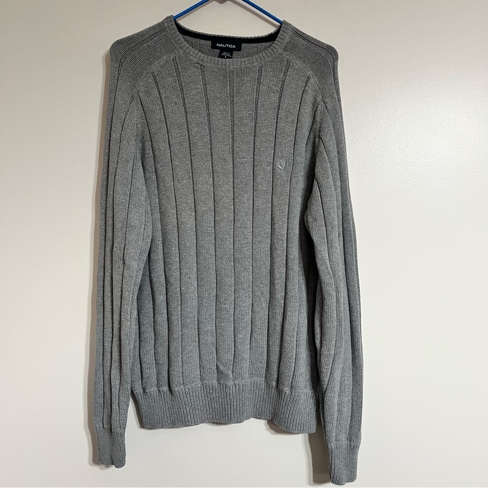 Men's Nautica Knit Ribbed Sailing Preppy Nautical Casual Sweater Size Large Gray